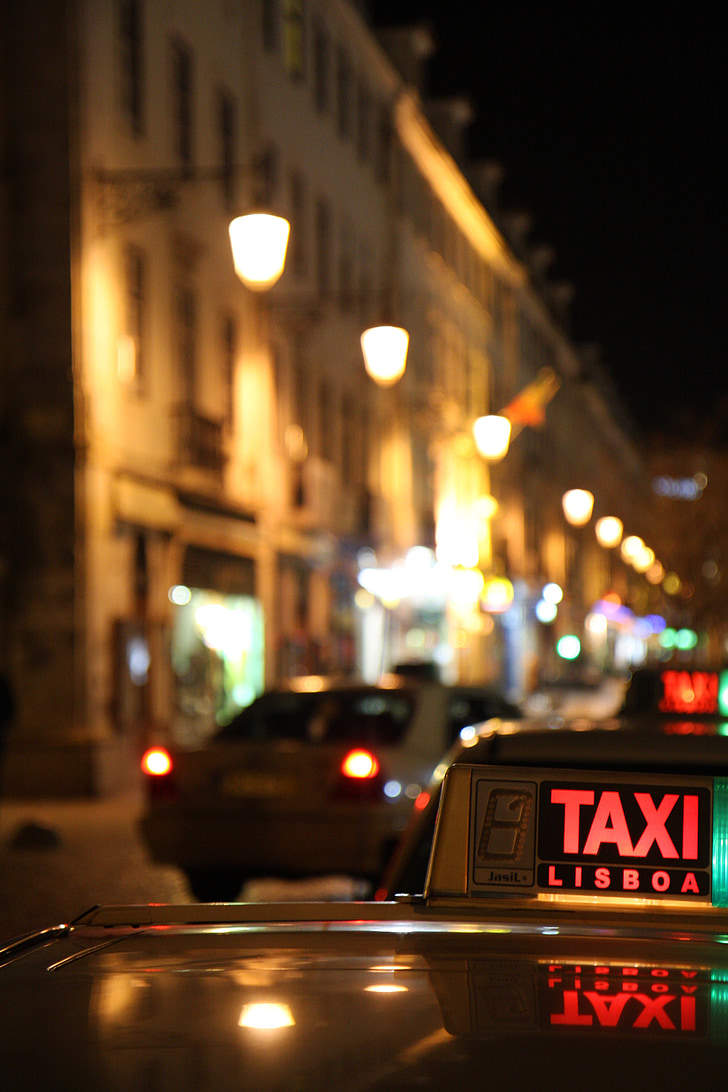 taxi, portugal, lisbon, downtown, road, nightlife, night