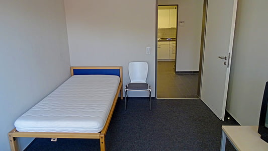 kambarys, vietos, miegamasis, lova, kėdė, čiužinys, durys