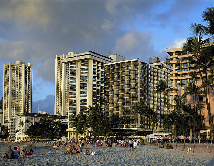 Hoteller, Honolulu, Waikiki beach, Hawaii, stranden, hav, Tropical