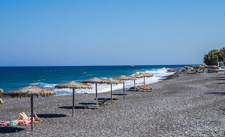 Kamari, praia, Santorini, Grécia, mar, areia, Mediterrâneo