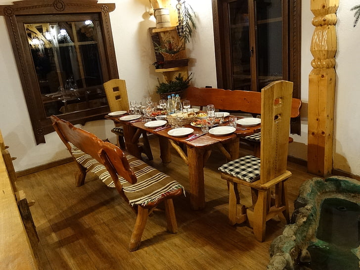 table, chairs, wood, in the evening, party