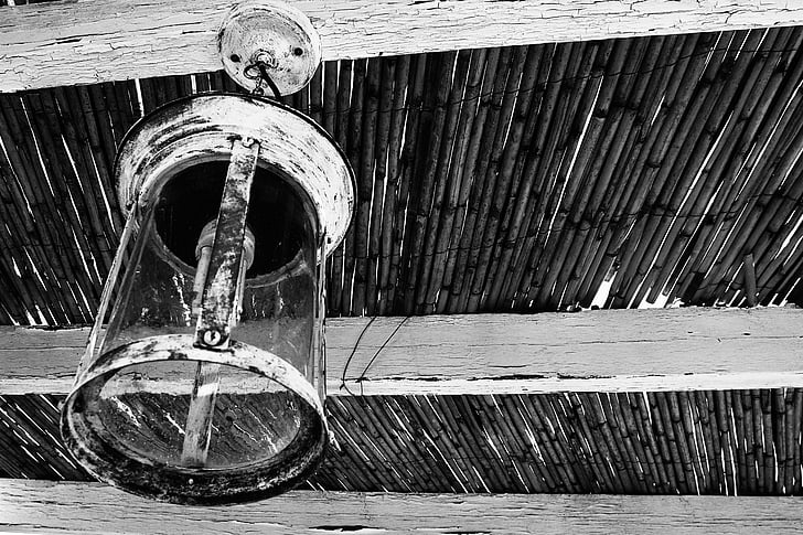 lamp, light, bulb, wooden, ceiling, black and white, water