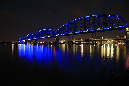 pont, Louisville, Kentucky, rivière, nuit, suspension