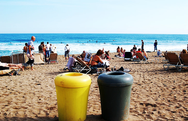 Strand, Meer, Barcelona, Barceloneta, Sand, Papierkorb, Landschaft