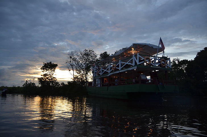 Malaysia, Kota kinabalu, solnedgång, vatten, floden, sjön, paddel båt