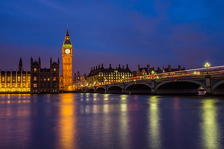 Big ben, Bridge, staden, klocktornet, London, natt, reflektion