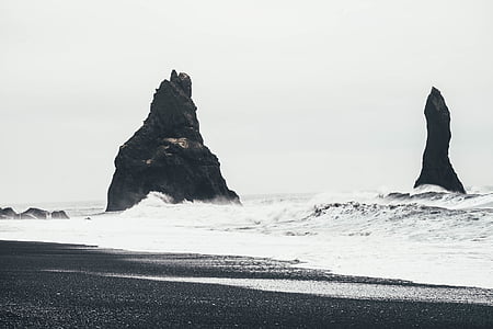 escala de grises, Foto, piedra, forma, mar, Playa, ondas