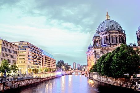 berlin cathedral, berlin, city, spree, light, evening, capital