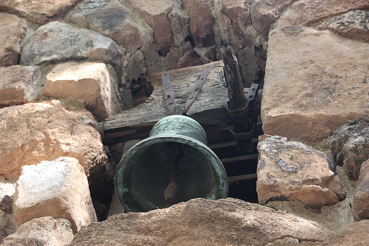 bell, patina, stone wall, rustic, aged, ring, bronze