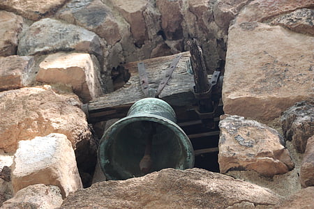 campana, pàtina, mur de pedra, rústic, envellit, anell, bronze