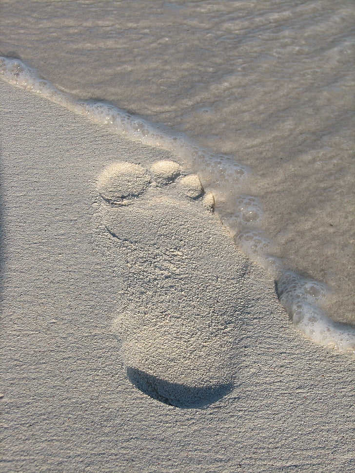 impronta, sabbia, spiaggia, onda, temporanea, passo, a piedi nudi