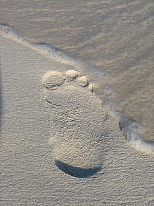 fotavtrykk, sand, stranden, bølge, midlertidig, fotspor, Barefoot