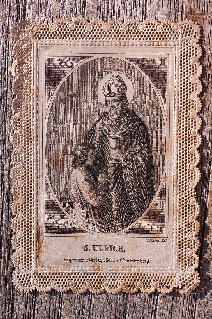 vallásos kép, Santino, felső széle, Ulrich, Szent, régi, antik