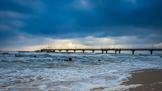 sea bridge, bansin, clouds, usedom, baltic sea, sea, sky