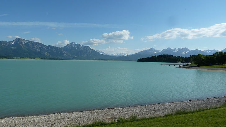 Allgäu, forggensee-tótól, tavaszi, panoráma, víz, tó, felhők