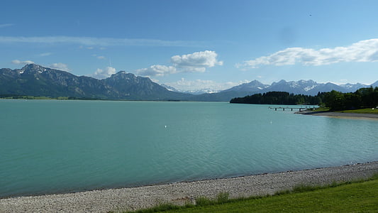 allgäu, lake forggensee, spring, panorama, water, lake, clouds
