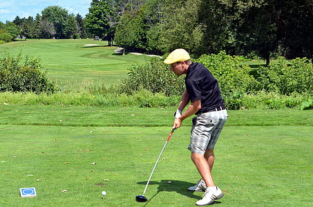 igrač golfa, golf, golf zamahu, levak, lijevom ruku, čovjek, golf loptica