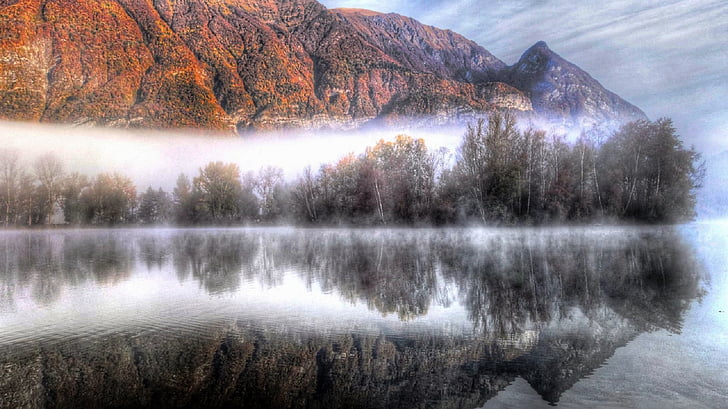 nevoeiro, Lago, reflexão, montanha, paisagem, natureza, água