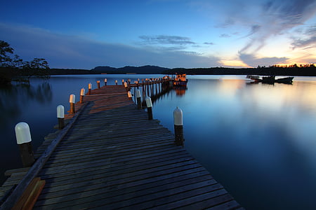 boat, calm waters, dawn, dock, dusk, jetty, lake
