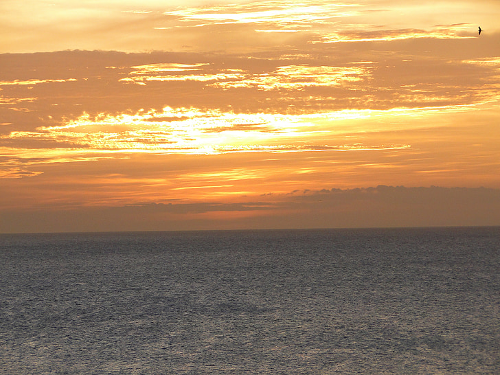západ slnka, Horizon, okrovej, more, žltkastý, oblaky