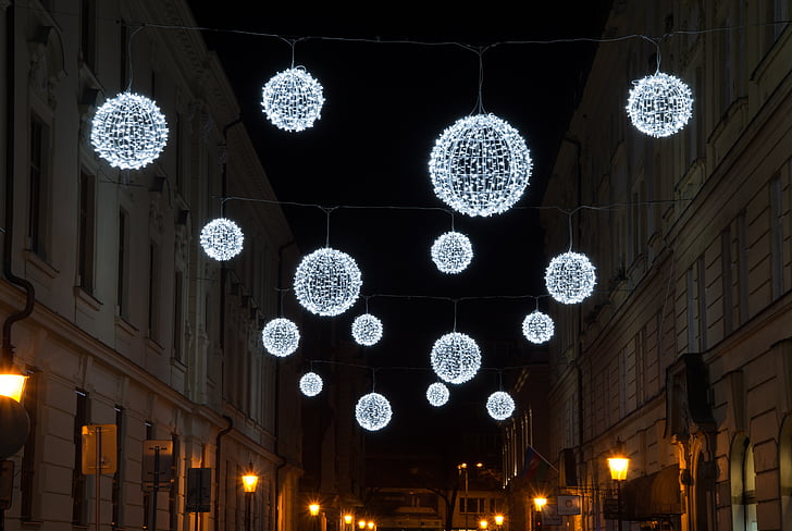 Ball, lumière, lumières de Noël, nuit, paysage hivernal, lampe électrique, décoration