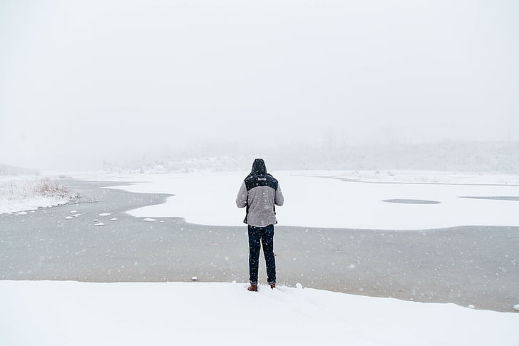 cilvēki, vīrietis, viens pats, sniega, ziemas, auksti, laika apstākļi
