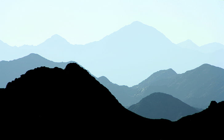 natuur, Bergen, hemel, blauw, silhouet, zwart-wit, berg