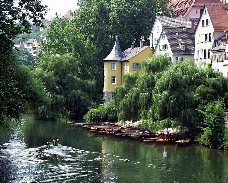 poble, riu, Alemanya, paisatge, casa, relaxant, tranquil