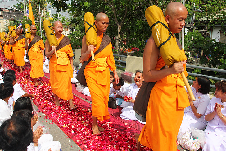 monjos, budisme, monjos budistes, caminant, cerimònia, pètals de Rosa, pètals
