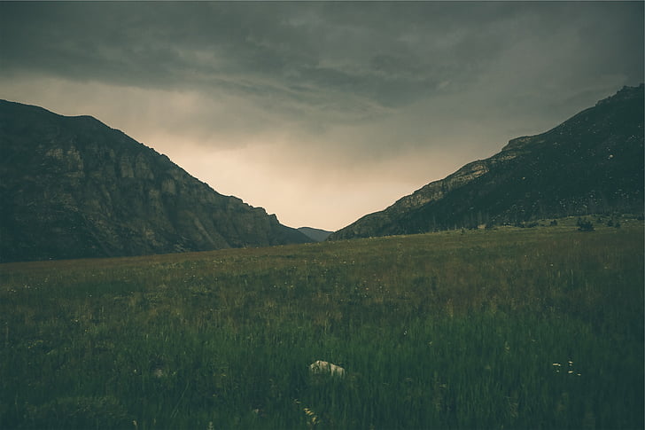 photograph, gray, black, mountain, landscape, mountains, grass