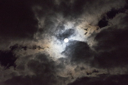 månen, skyer, natt, himmelen, fullmåne, mørke, skyet