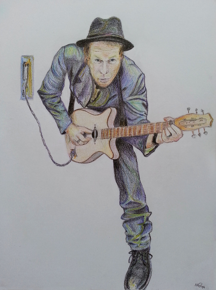 Tom Waitsin, maalattu, piirustus, maali, Värilliset lyijykynä piirros, rocktähti, kitara