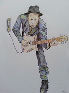 Tom waits, pintat, dibuix, pintura, llapis de color de dibuix, estrella de rock, guitarra
