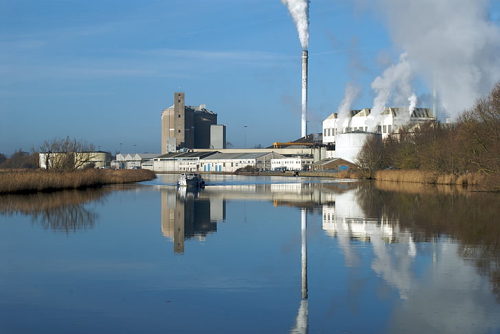 factory, smoke, river, pollution, chimney, industry, industrial