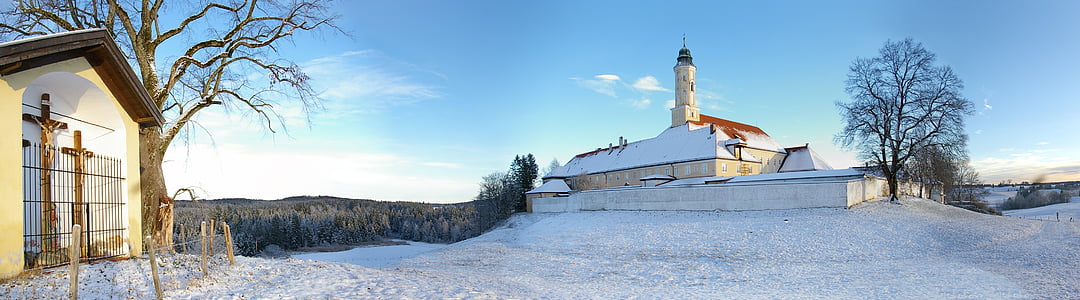 monastery, winter, snow, sky, sunny, nature, blue