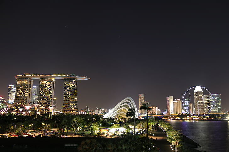 Singapore, notte, scuro, luce, struttura, punto di riferimento, paesaggio urbano