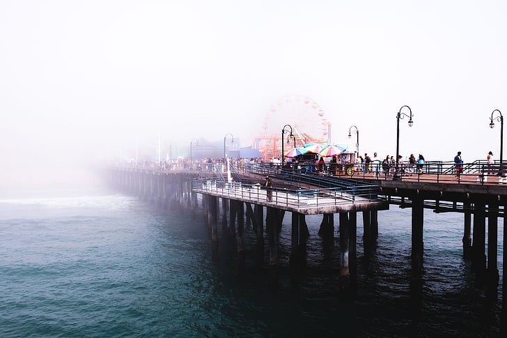 bridge, fog, people, pier, water, travel destinations, vacations