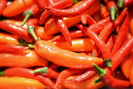 achtergrond, behang, Thaise rode Spaanse peper, Serrano chili oranje, peper, groenten, hete