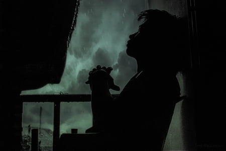adult, alone, backlit, black-and-white, cloudy, dark, fog