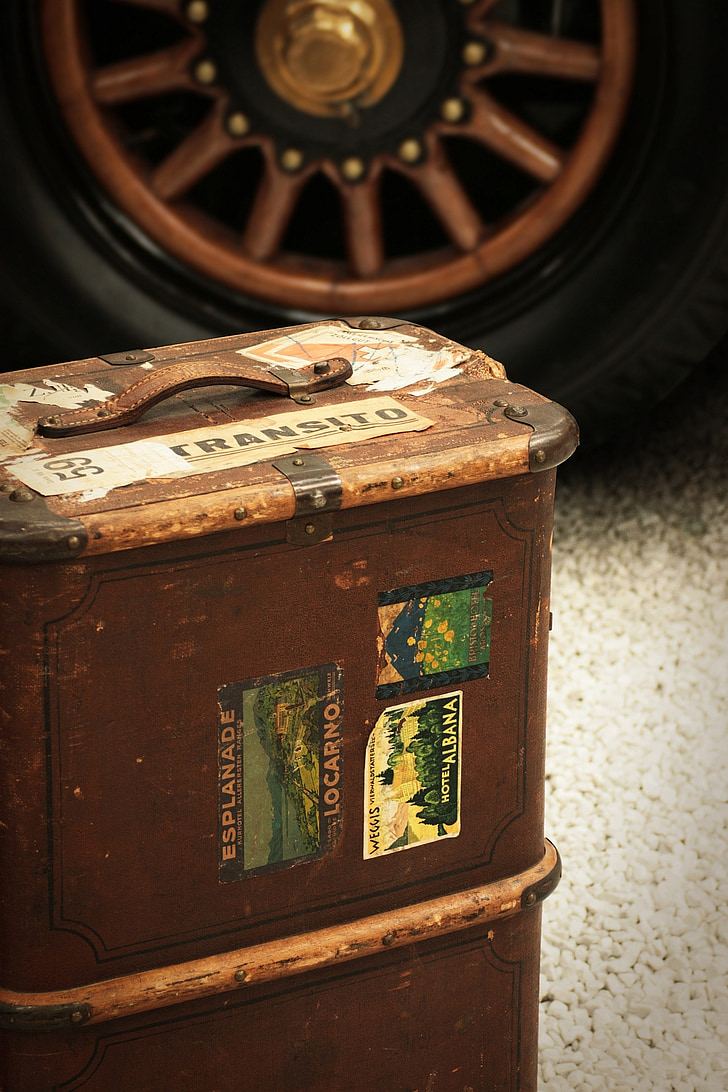 luggage, travel, retro, wheel, auto, wood, brown