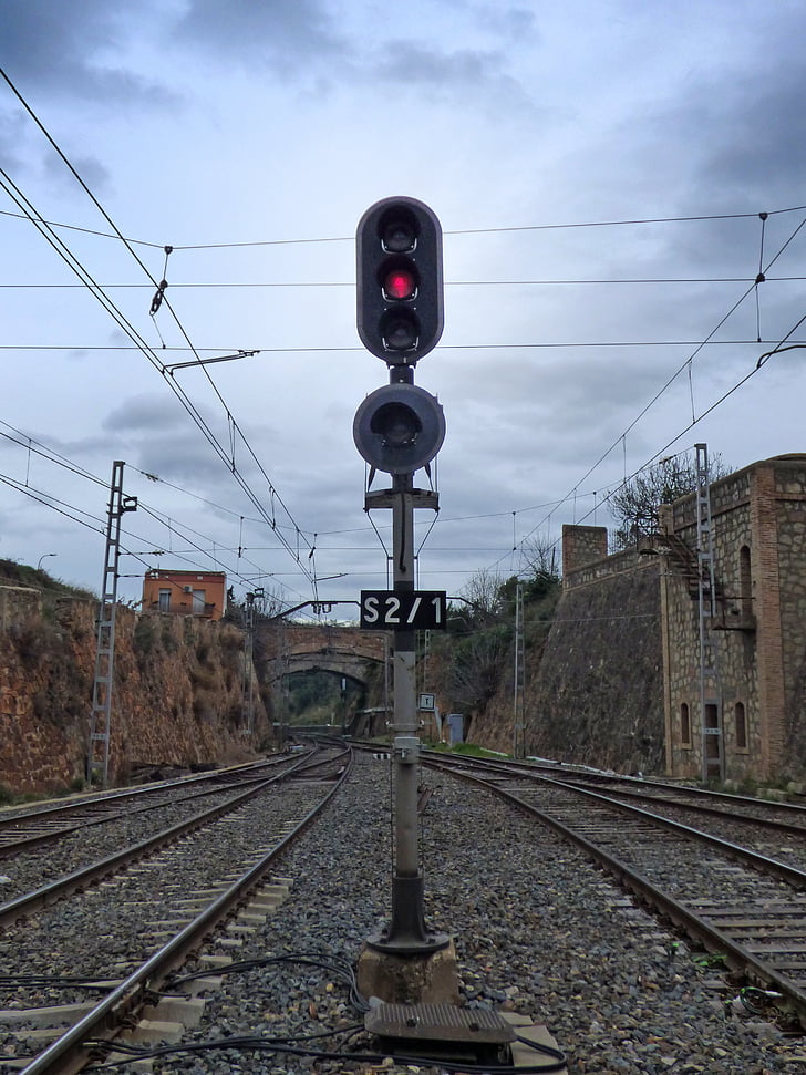 semafor, rdeča, ustavi se, železniške, vlak, preko