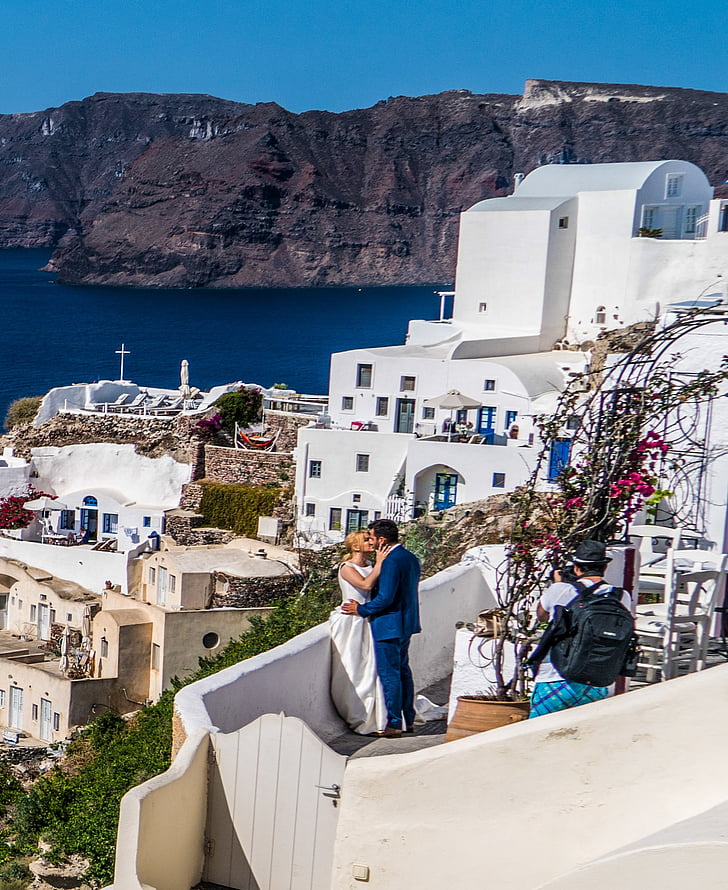 az emberek, személy, esküvői pár, csók, boldog, Santorini, Oia