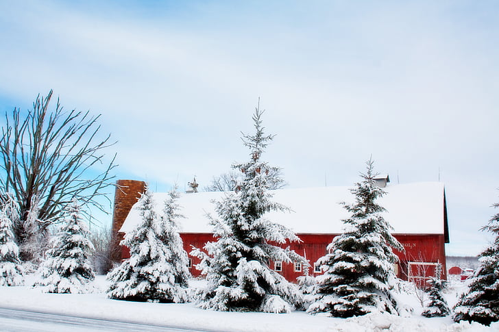winter barn, snow, rural, farm, red, country, countryside