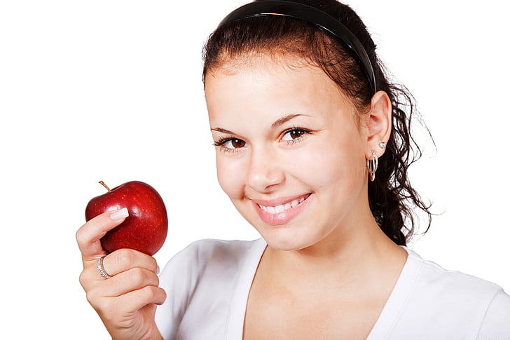 woman, white, top, holding, red, apple, cute