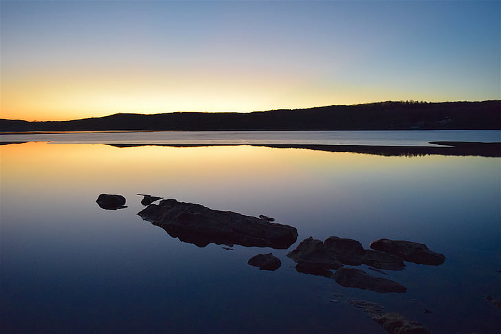 Lake, solnedgang, fortsatt, refleksjon, vann, himmelen, landskapet