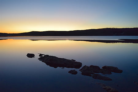 Lake, zonsondergang, nog steeds, reflectie, water, hemel, landschap