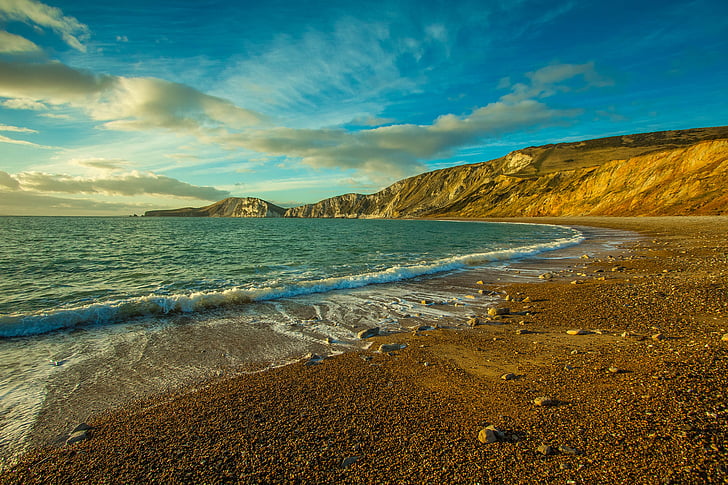 Ocean, worbarrow bay, England, Dorset, stranden, vågor, land