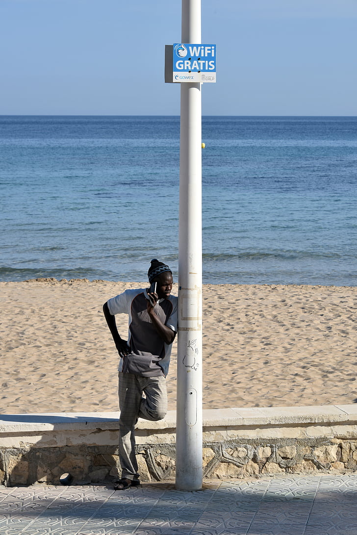 telefon, WiFi, plajă, mare, nisip, Marea Mediterană, oameni