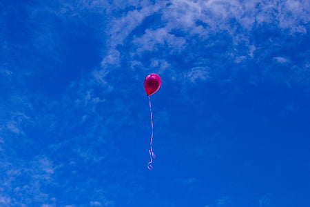 pink, balloon, flying, sky, red, blue, sunshine