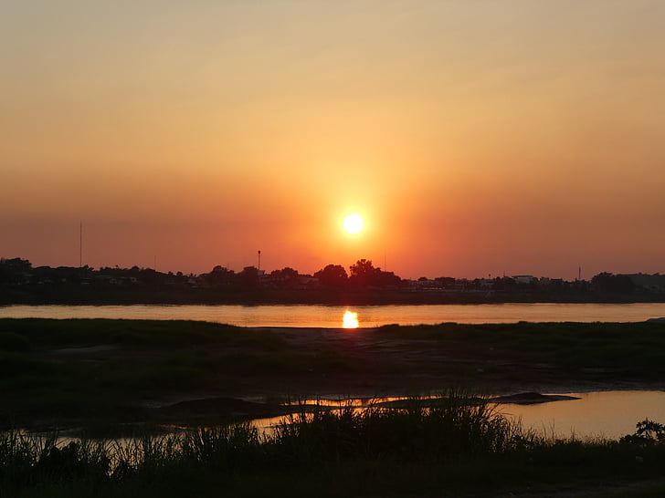 sunset, laos, landscape, river, water, asia, mekong river